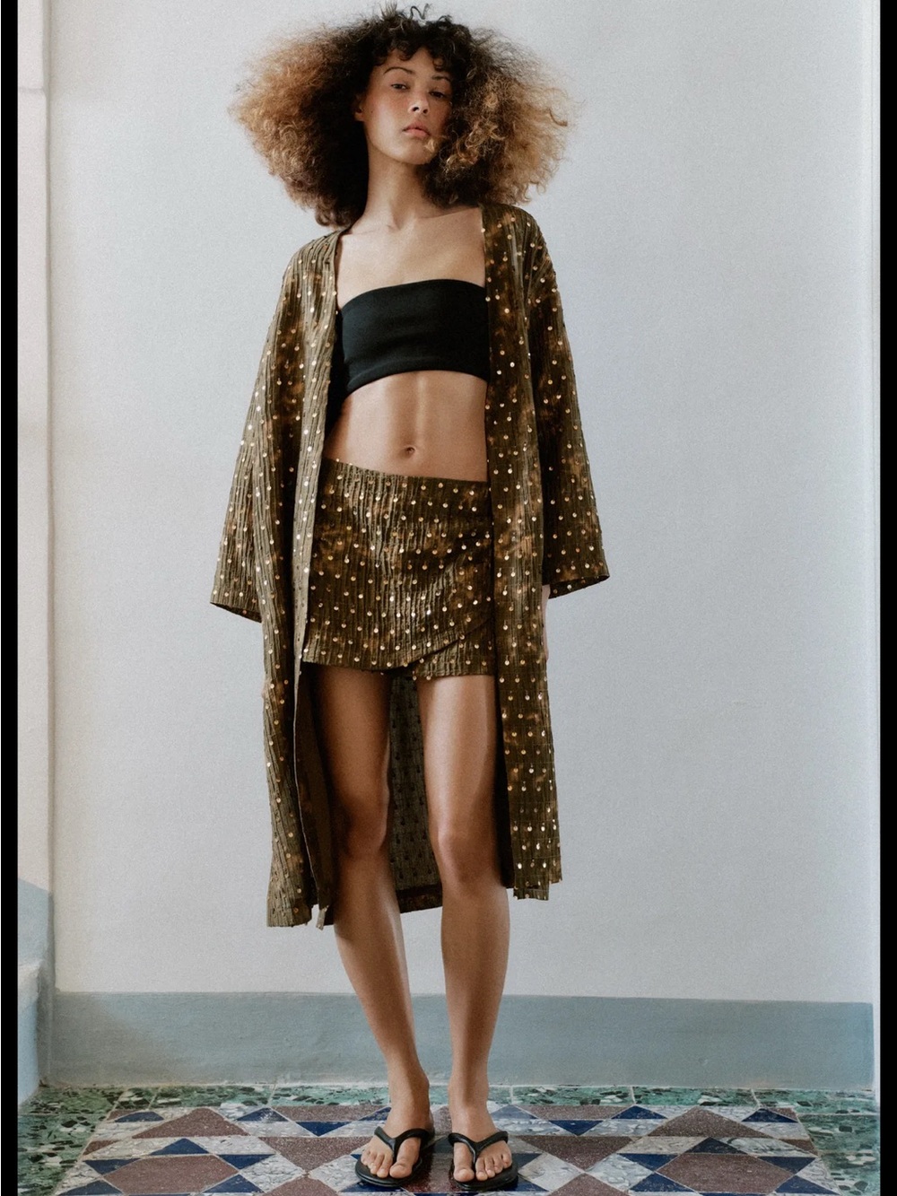 Zara Sequin Embellished Olive Brown long kimono jacket great for festival XS-S - Picture 5 of 5
